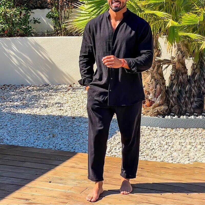 Men's Linen Casual Two-piece Set With Long Sleeve Shirt & Trousers