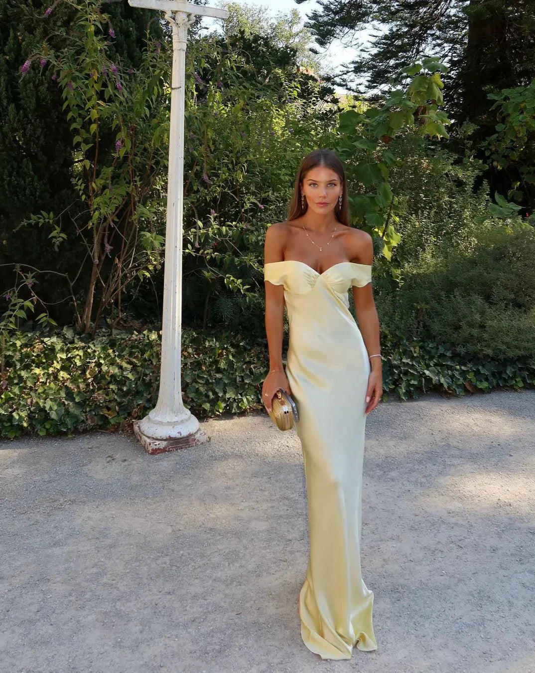 OFF-SHOULDER SATIN WEDDING GUEST MAXI DRESS WITH OPEN BACK