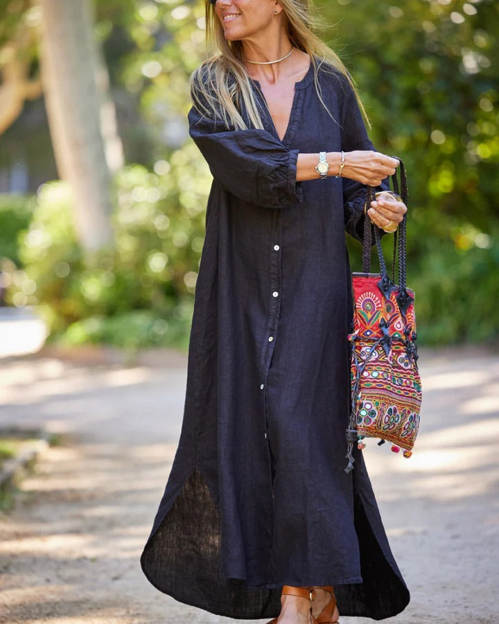 Women's Linen Maxi Dress With V-neck & Button Front