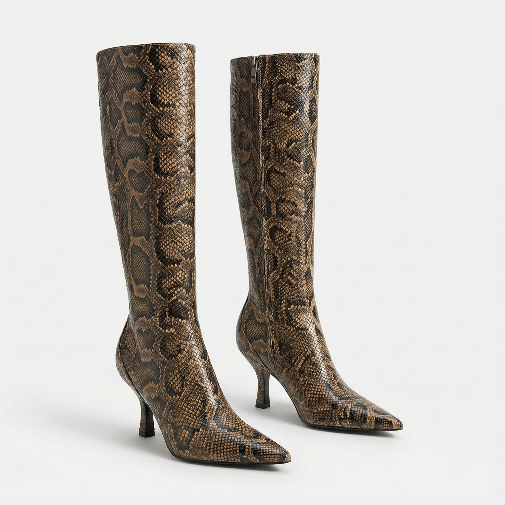 Imogen | Women's Knee-High Boots With Snake Print And Flared Heel | Bold