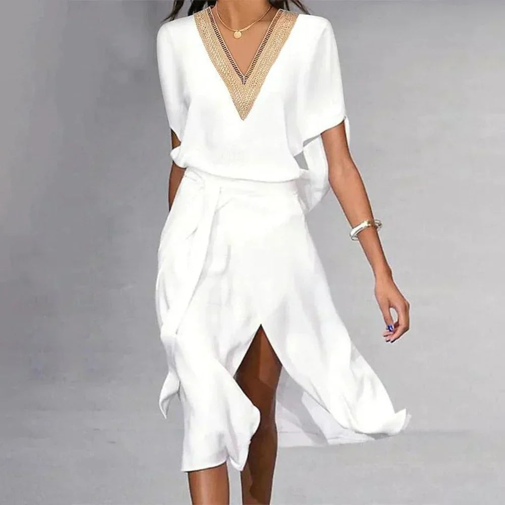 Women's White Midi Dress With V-neck And Short Sleeves