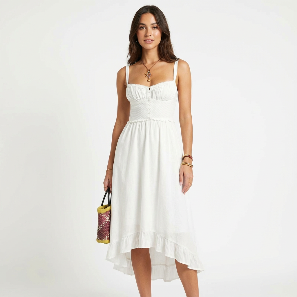 Isla | Women's Midi Dress With Smocked Bodice And Asymmetric Hem | Romantic