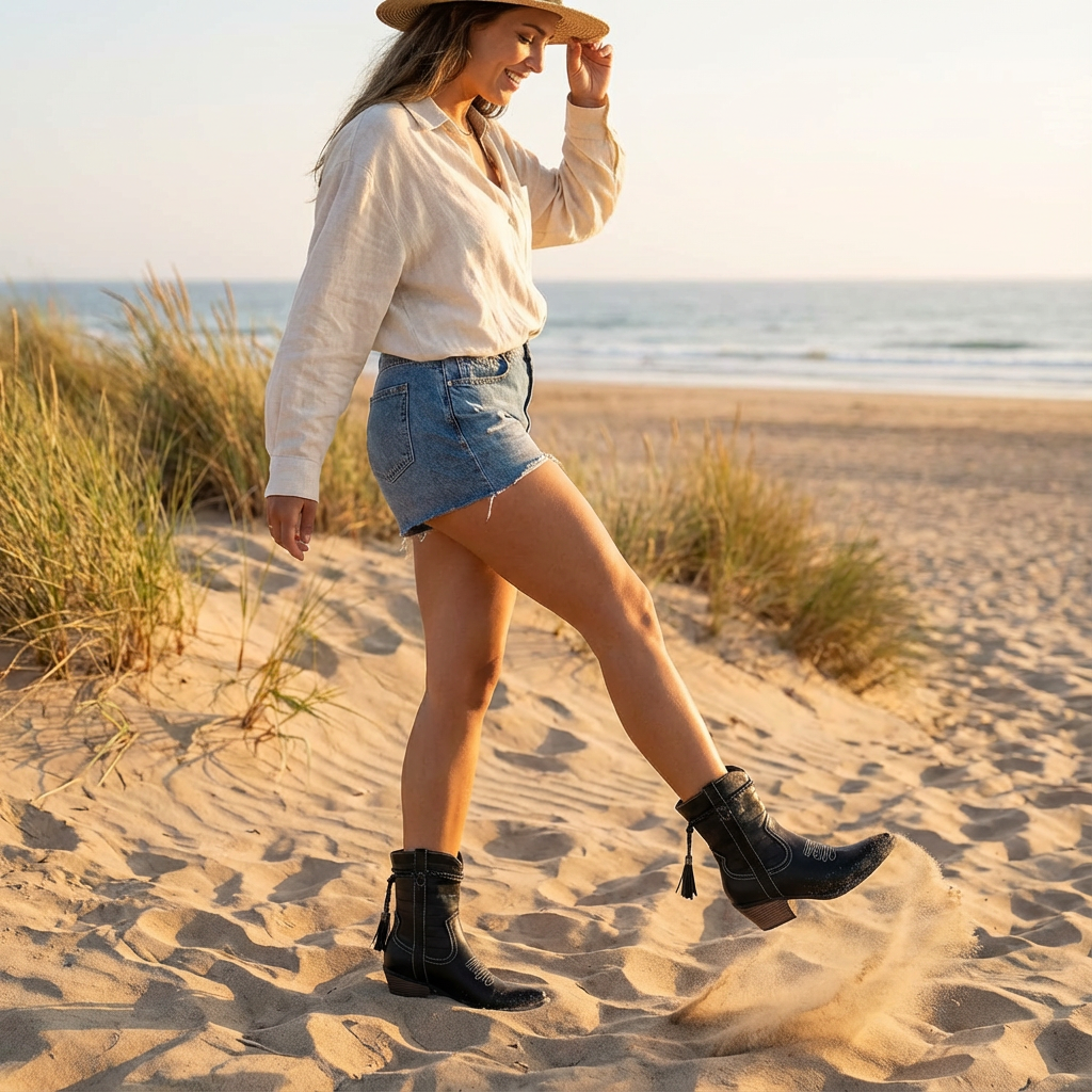Isla | Women's Black Western Ankle Boots With Tassel Detail And Contrast Stitching | Boho