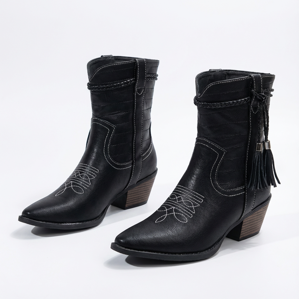 Isla | Women's Black Western Ankle Boots With Tassel Detail And Contrast Stitching | Boho