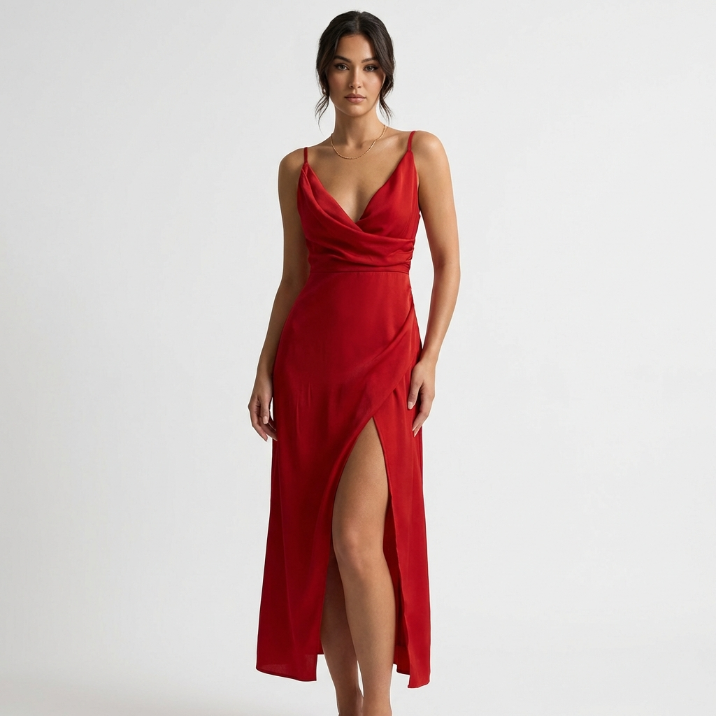 Isla | Women's Wrap Midi Dress With Cowl Detail And Thigh Slit | Alluring