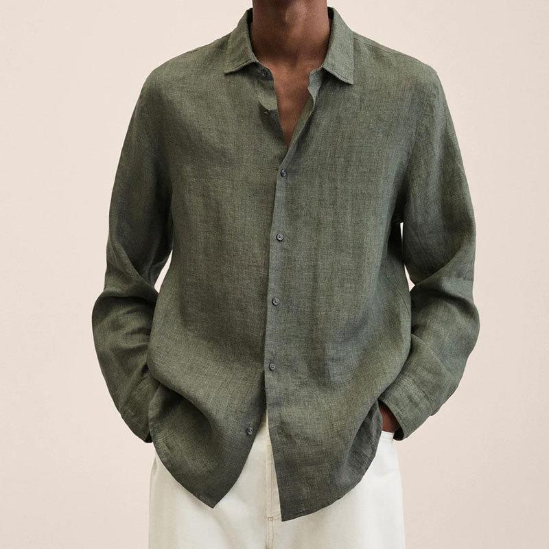 MEN'S LINEN LONG SLEEVE SHIRT WITH BUTTON DOWN COLLAR