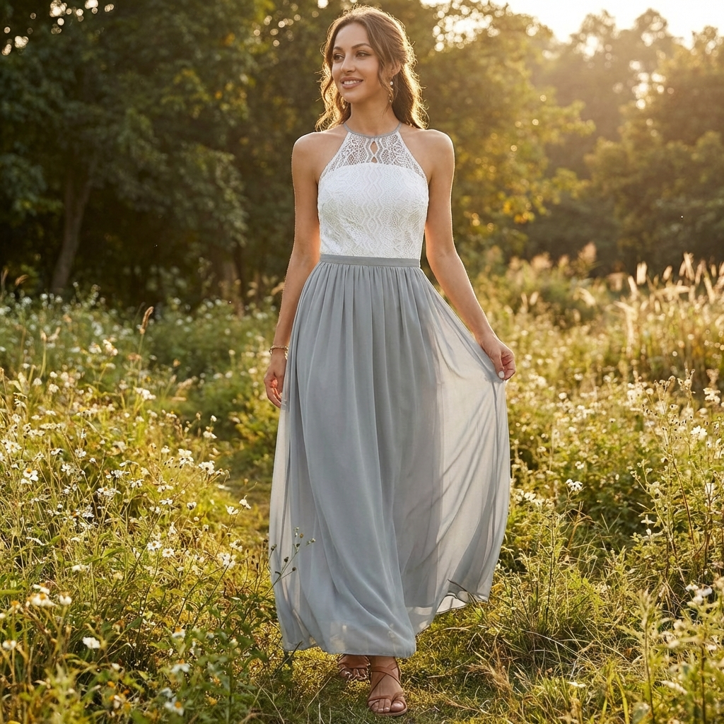 Ivy | Women's Maxi Dress With Halter Neckline And Contrast Skirt | Elegant