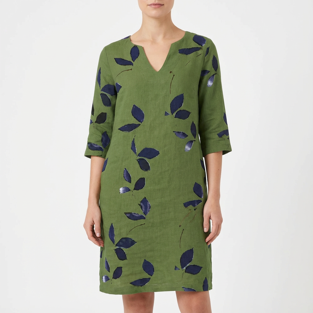 Ivy | Women's Shift Dress With V-Neckline And Leaf Print | Relaxed