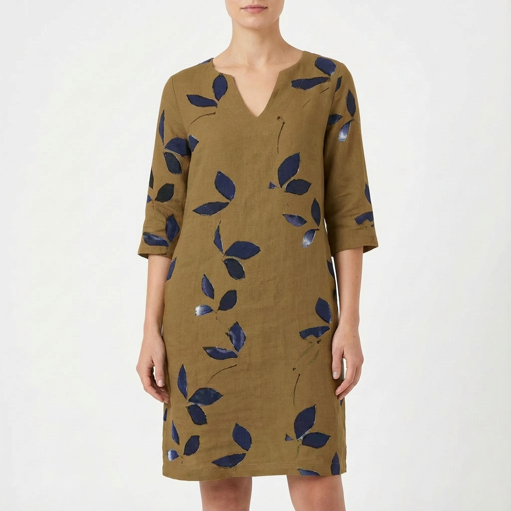 Ivy | Women's Shift Dress With V-Neckline And Leaf Print | Relaxed