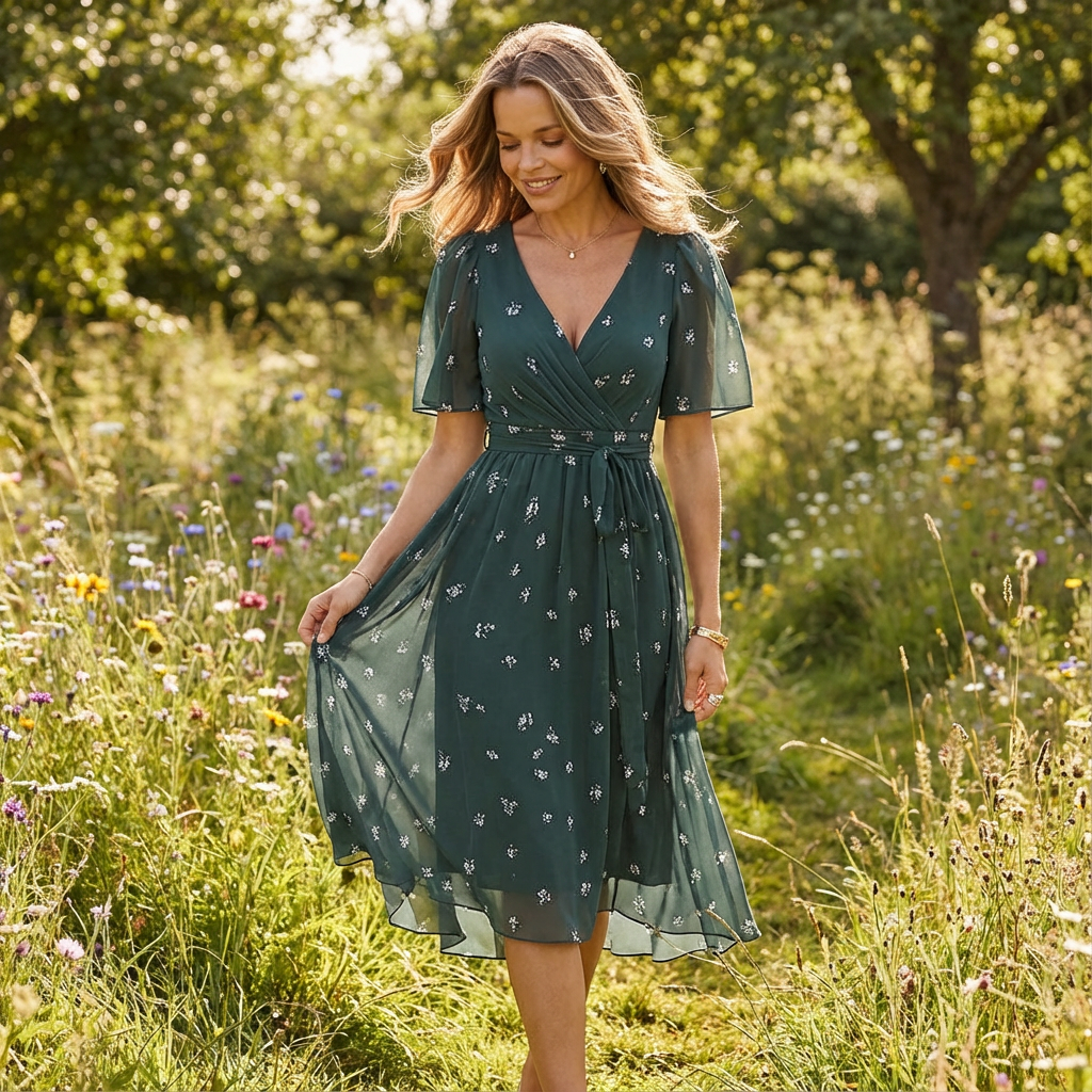 Ivy | Women's Wrap Midi Dress With Flutter Sleeves And Belted Waist | Feminine