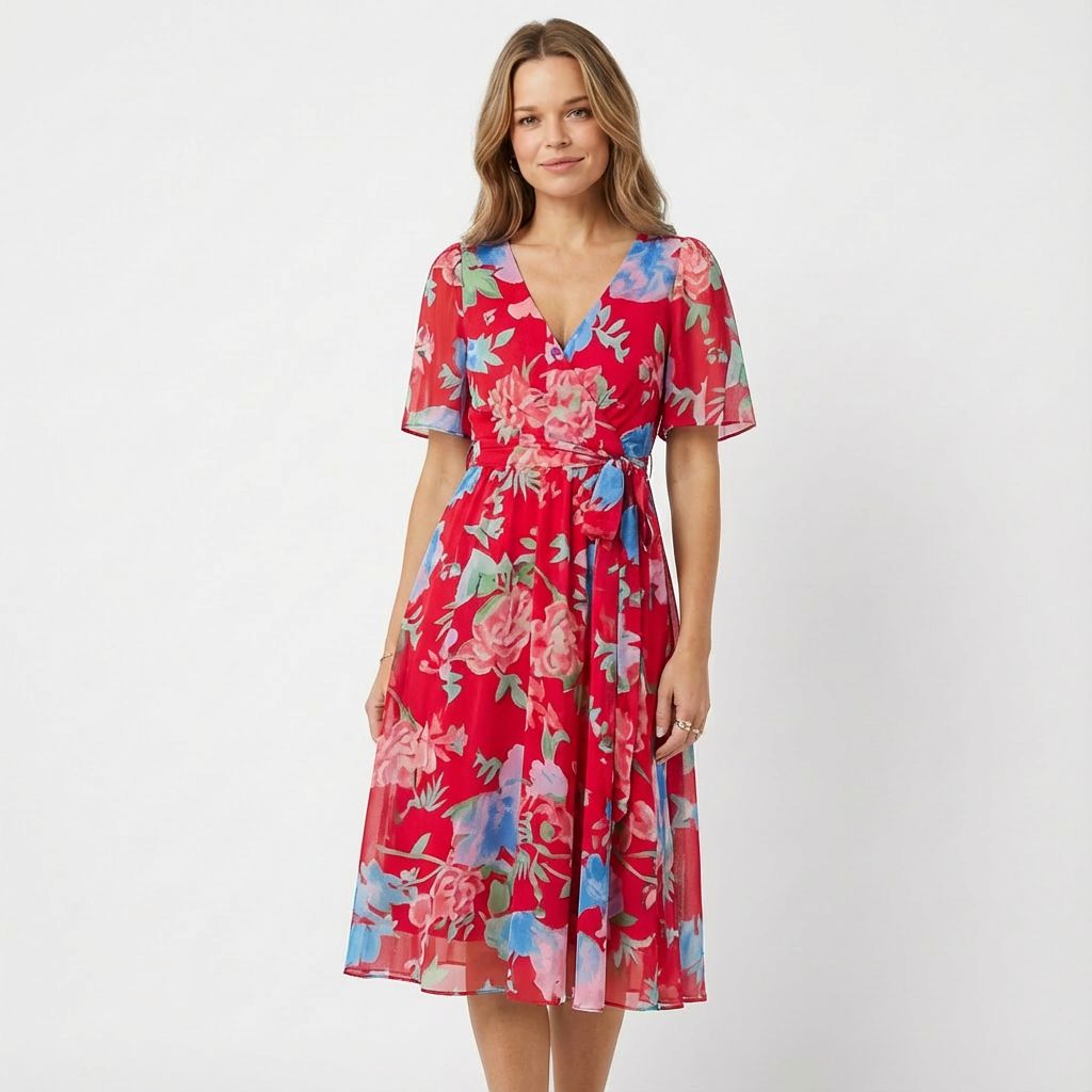 Ivy | Women's Wrap Midi Dress With Flutter Sleeves And Belted Waist | Feminine