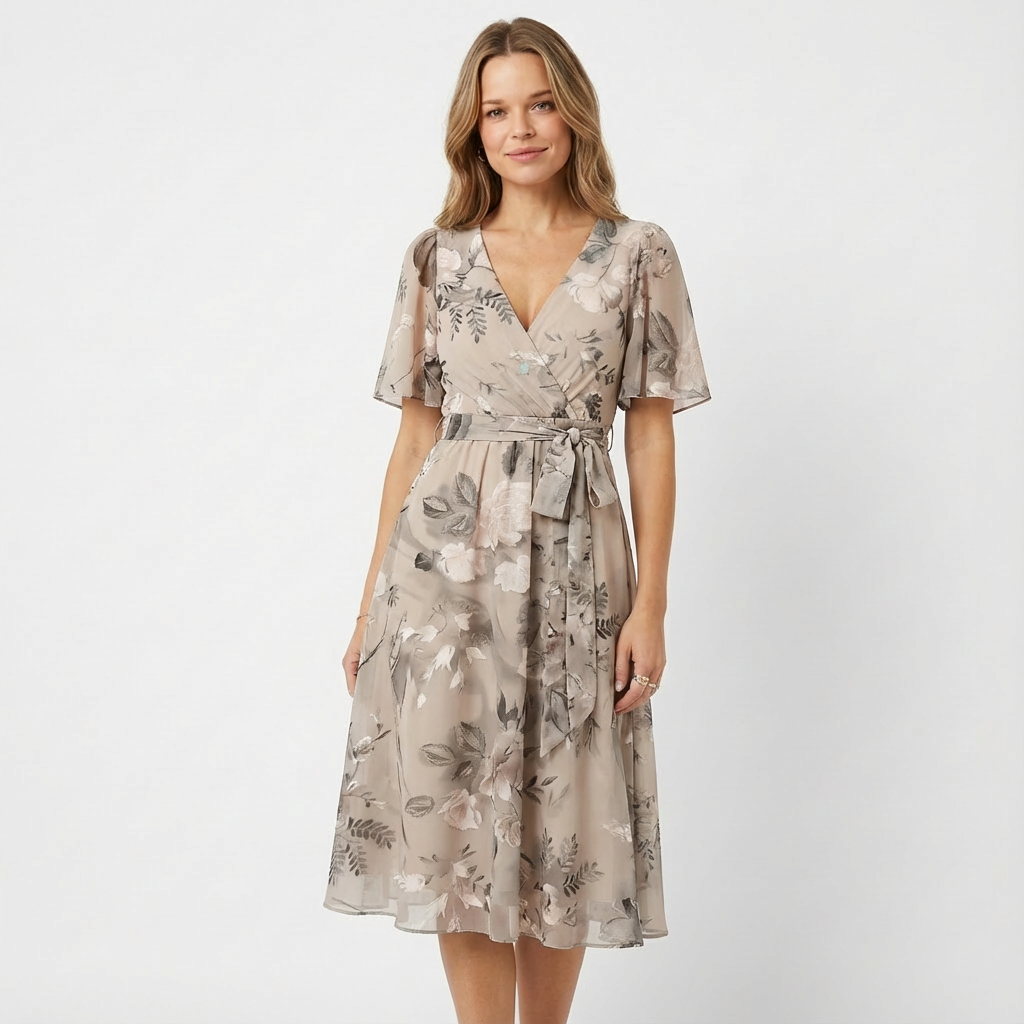 Ivy | Women's Wrap Midi Dress With Flutter Sleeves And Belted Waist | Feminine