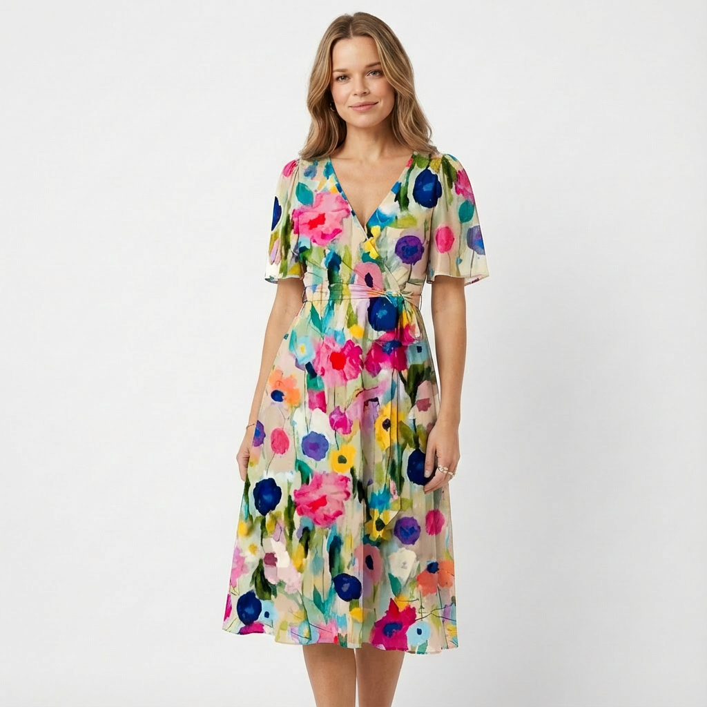 Ivy | Women's Wrap Midi Dress With Flutter Sleeves And Belted Waist | Feminine