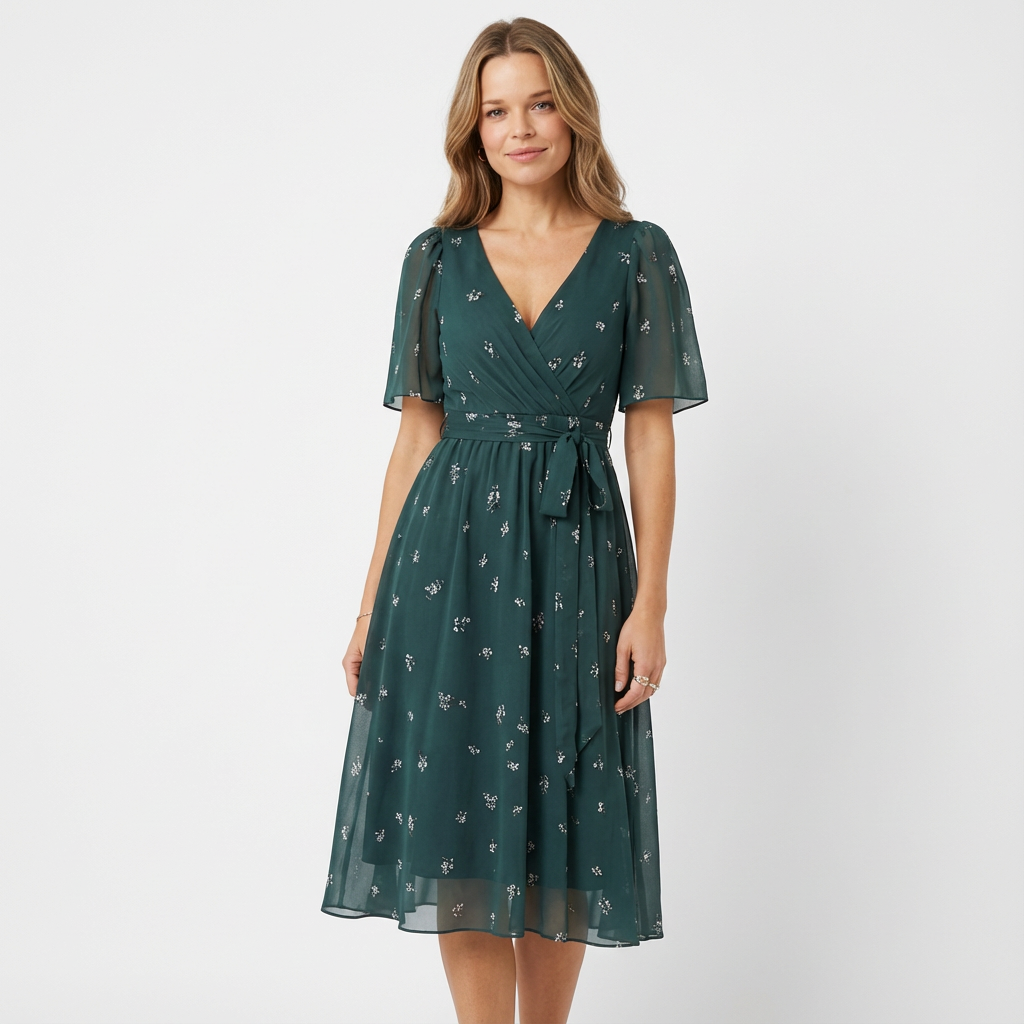 Ivy | Women's Wrap Midi Dress With Flutter Sleeves And Belted Waist | Feminine