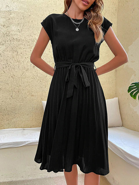Women's Summer Midi Dress with Belted Waist & Pleated Skirt