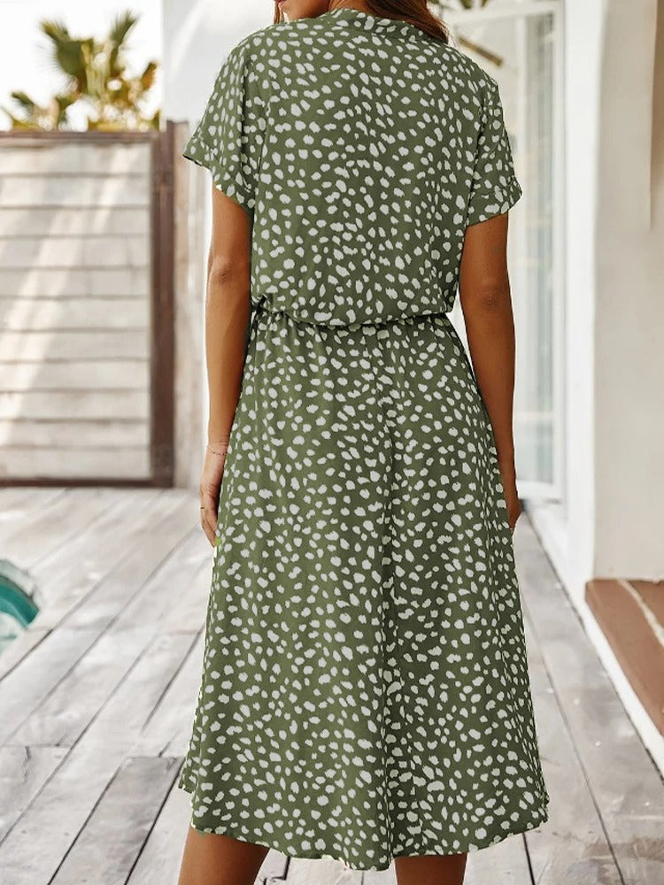 Women's Printed Button-down Midi Dress With Short Sleeves And Drawstring Waist