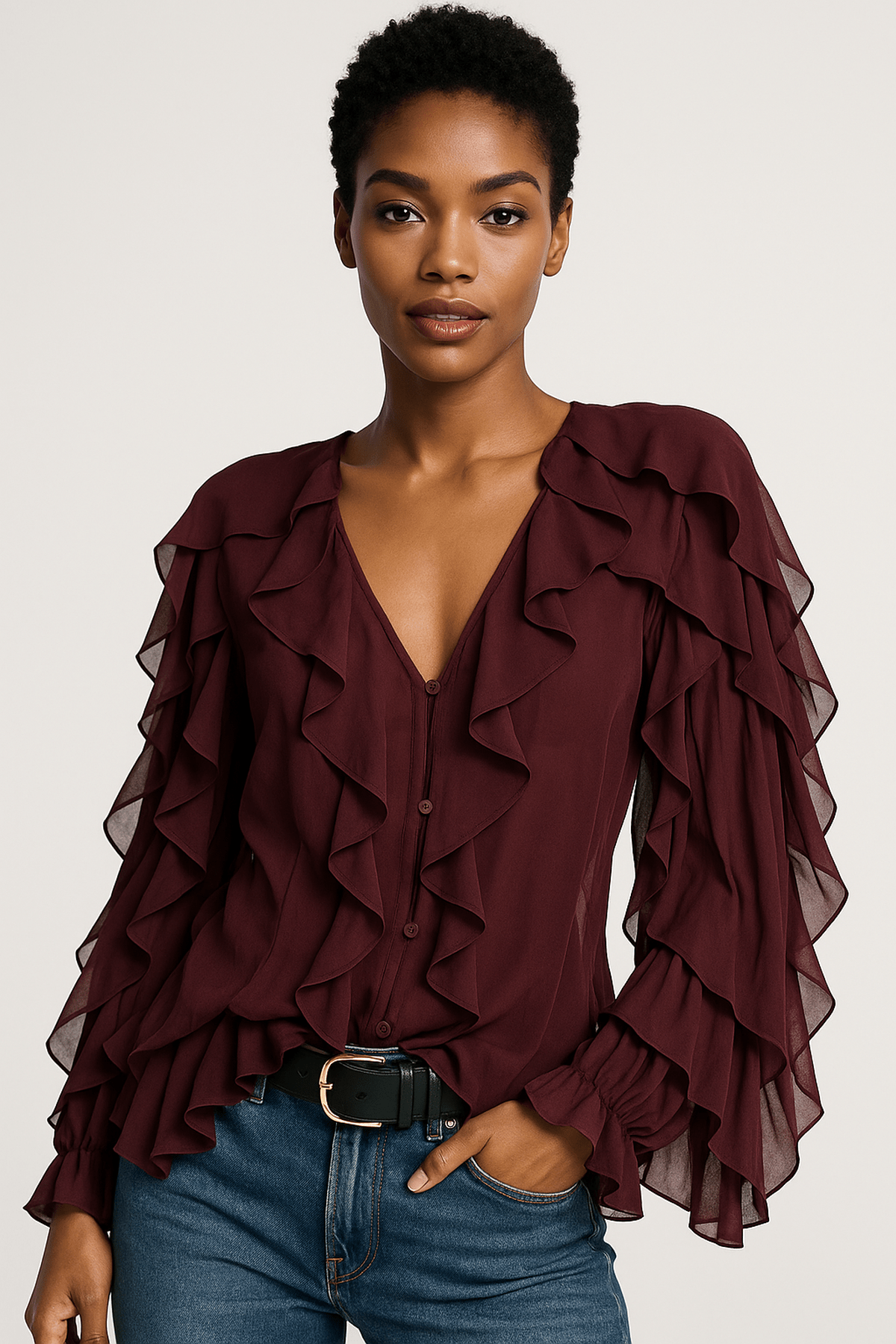 Women's V-neck Ruffle Long Sleeve Blouse