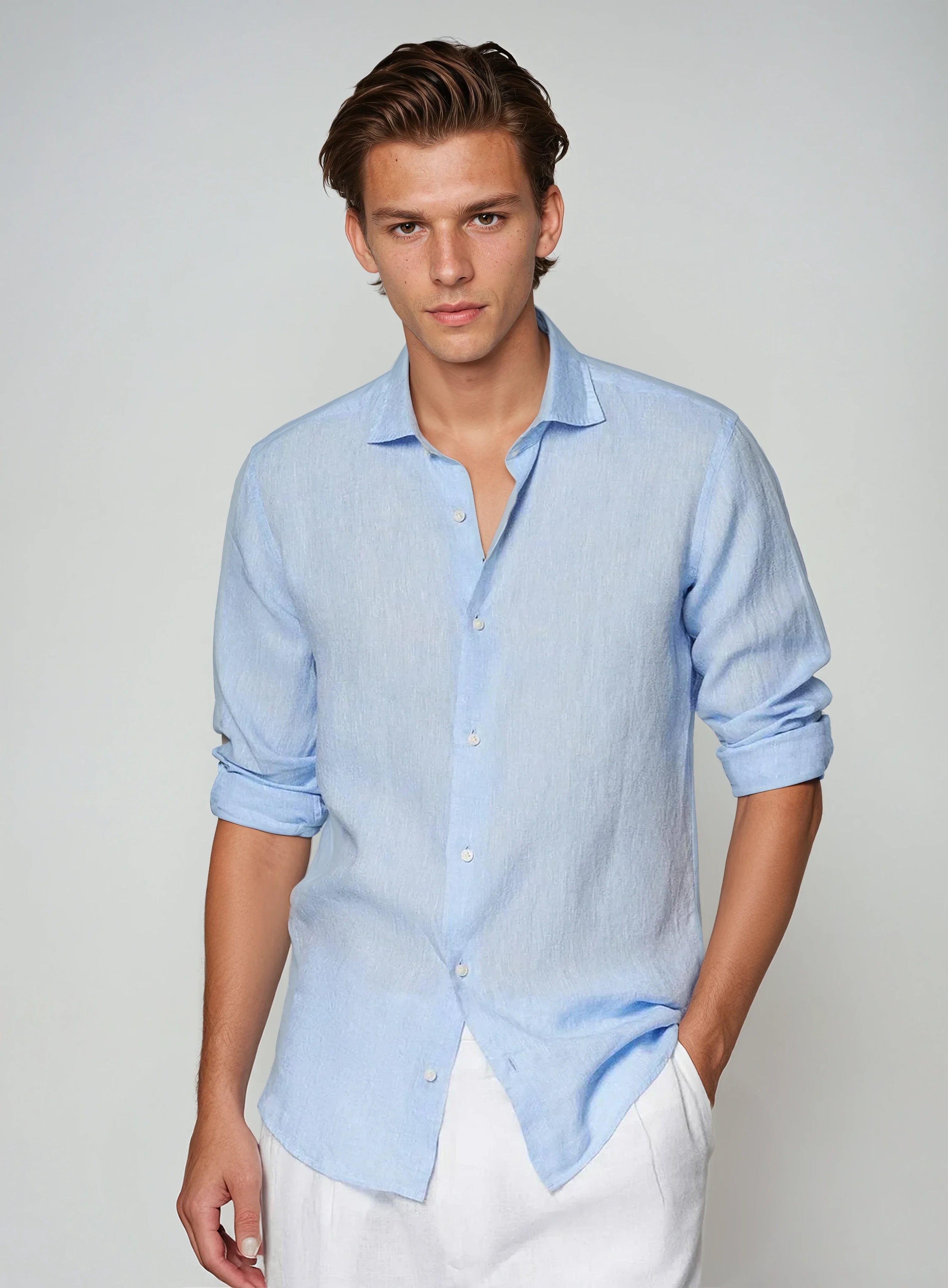 Smart Casual Light Blue Linen Shirt for Men