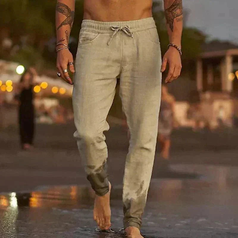 MEN'S LINEN SUMMER TROUSERS WITH DRAWSTRING WAIST