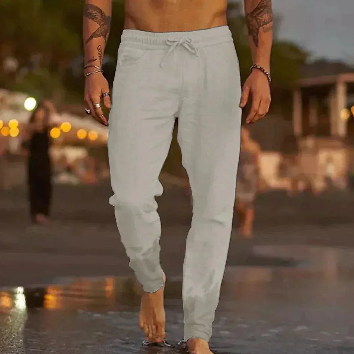 MEN'S LINEN SUMMER TROUSERS WITH DRAWSTRING WAIST