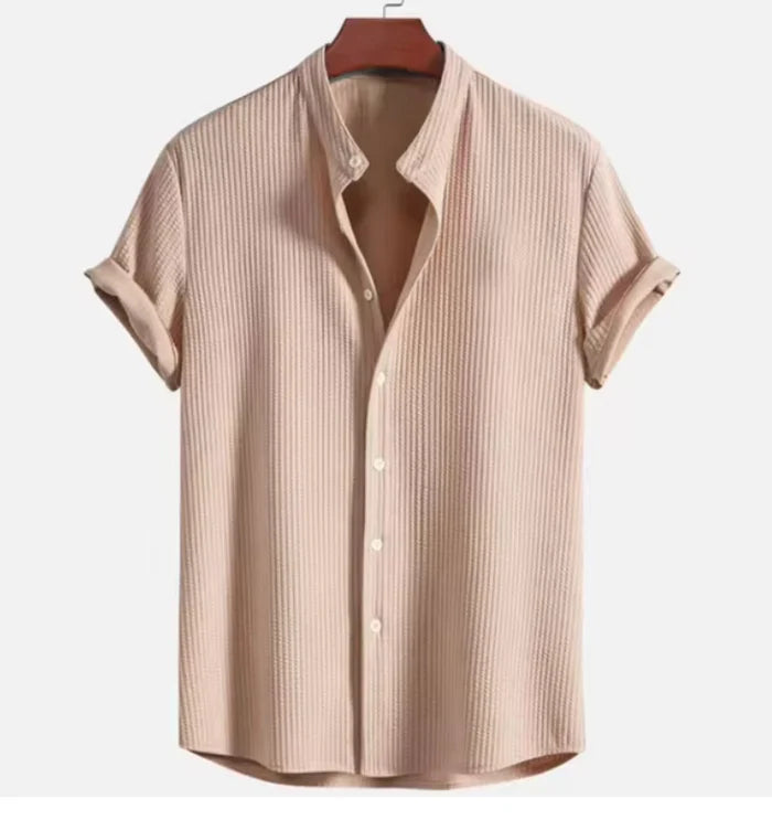 Regular Fit Mock Neck Linen Shirt for Men