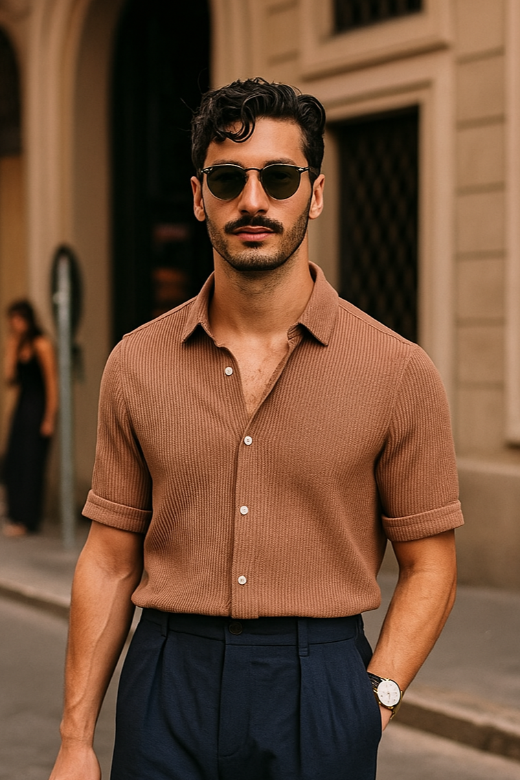 Regular Fit Mock Neck Linen Shirt for Men