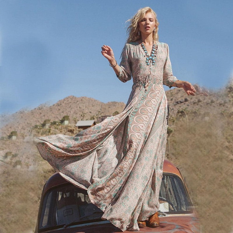 Women's Boho Maxi Dress With V-neck and Front Slit
