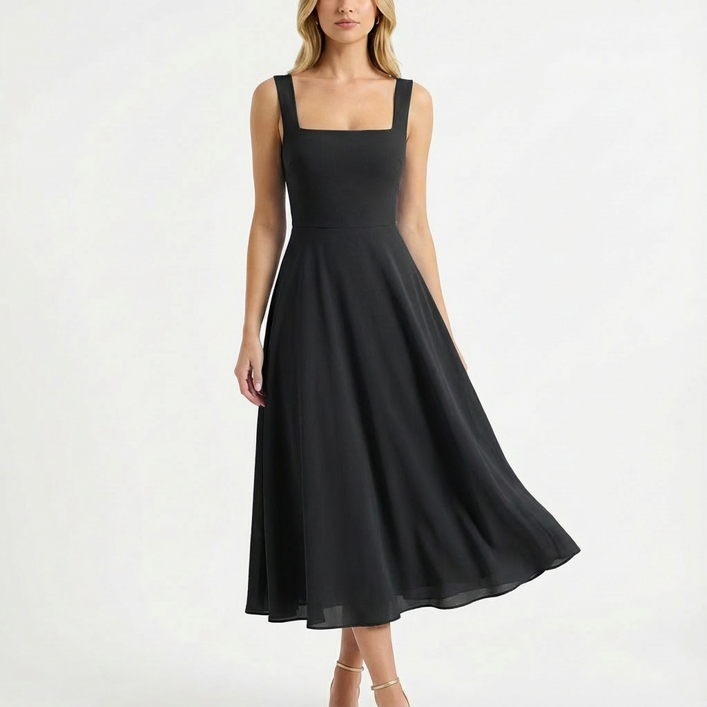 Lily | Women's Midi Dress With Square Neckline And Flowing Skirt | Classic