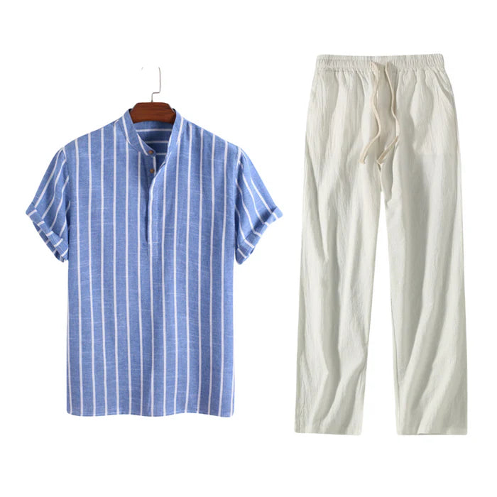 Men's Striped Linen Polo and Drawstring Pants Set