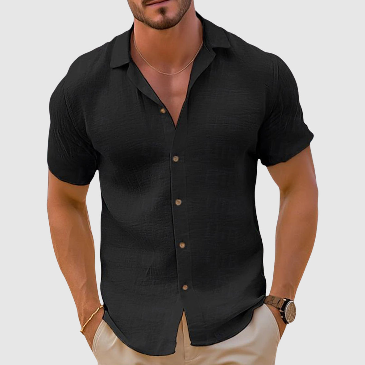 Men's Summer Casual Short Sleeve Shirt With Open Collar