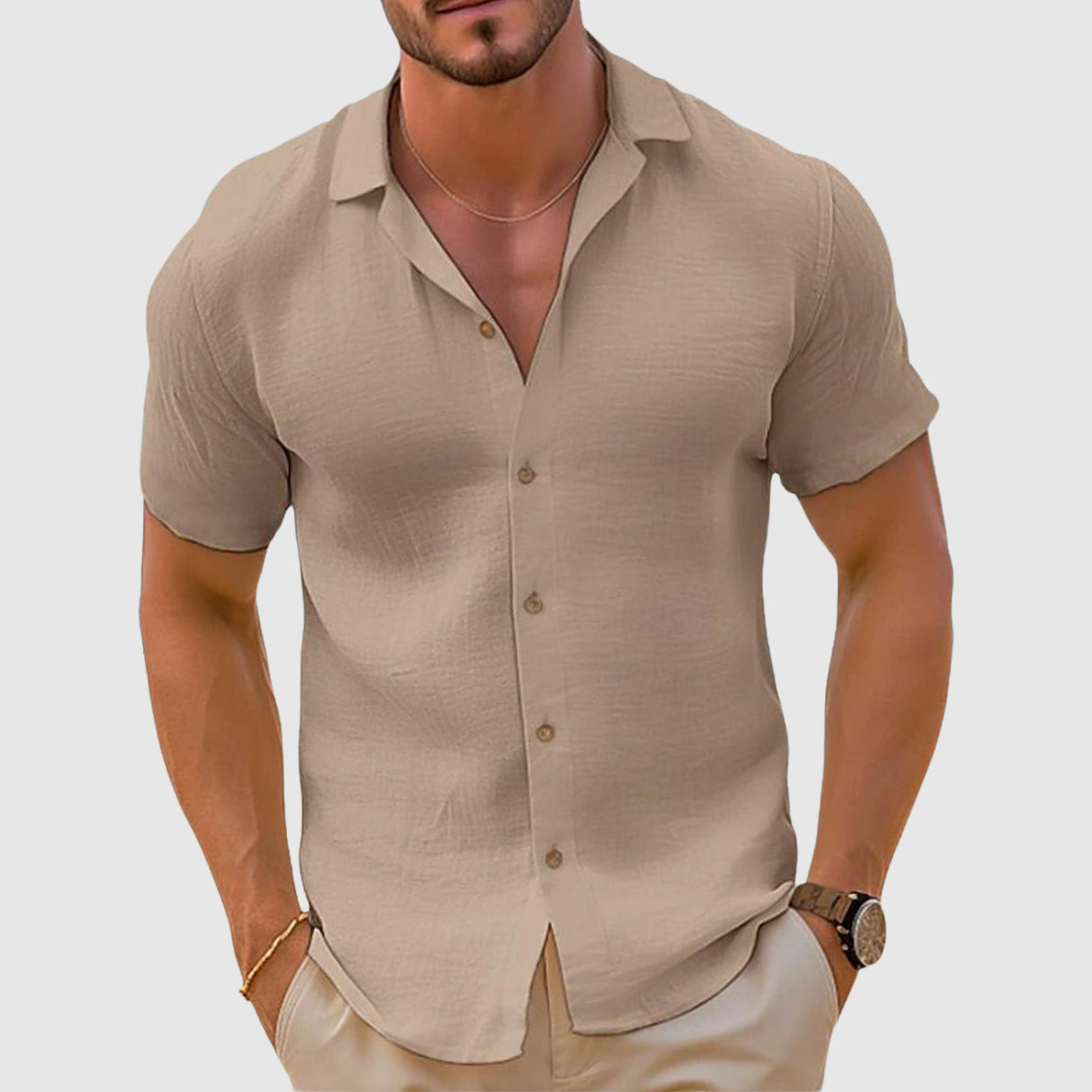 Men's Summer Casual Short Sleeve Shirt With Open Collar