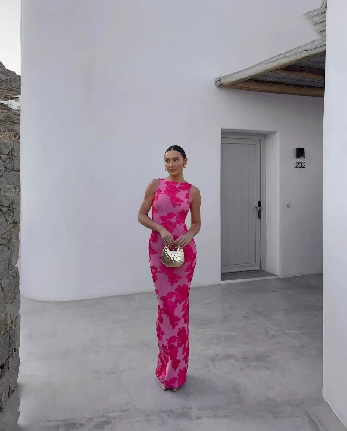 Women's Floral Sleeveless Maxi Dress With High Neck