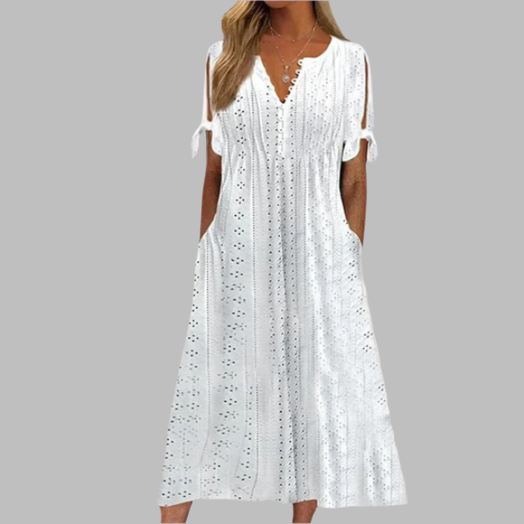 WOMEN'S BOHO MIDI DRESS WITH V-NECK AND SHORT SLEEVES