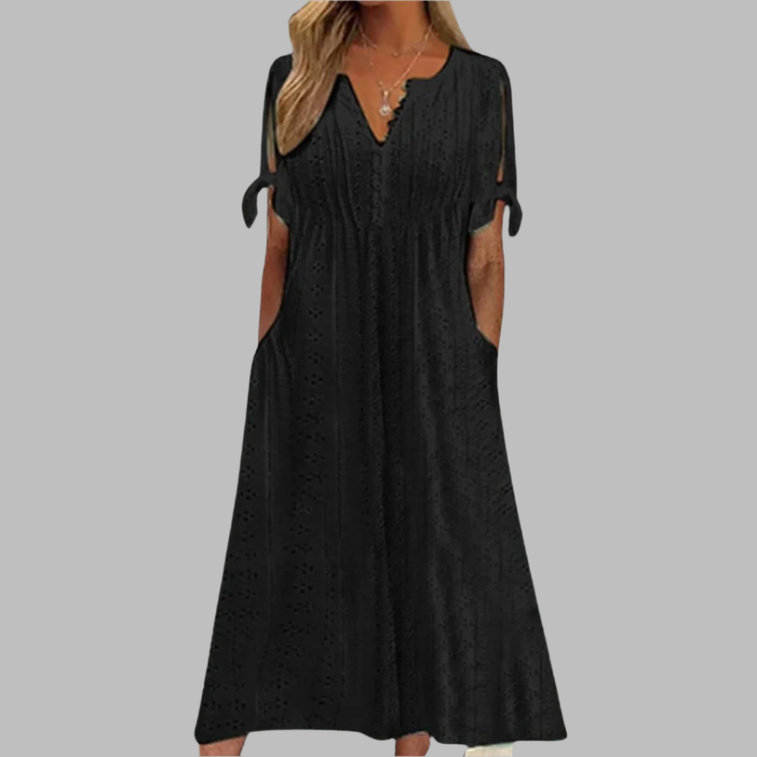 WOMEN'S BOHO MIDI DRESS WITH V-NECK AND SHORT SLEEVES