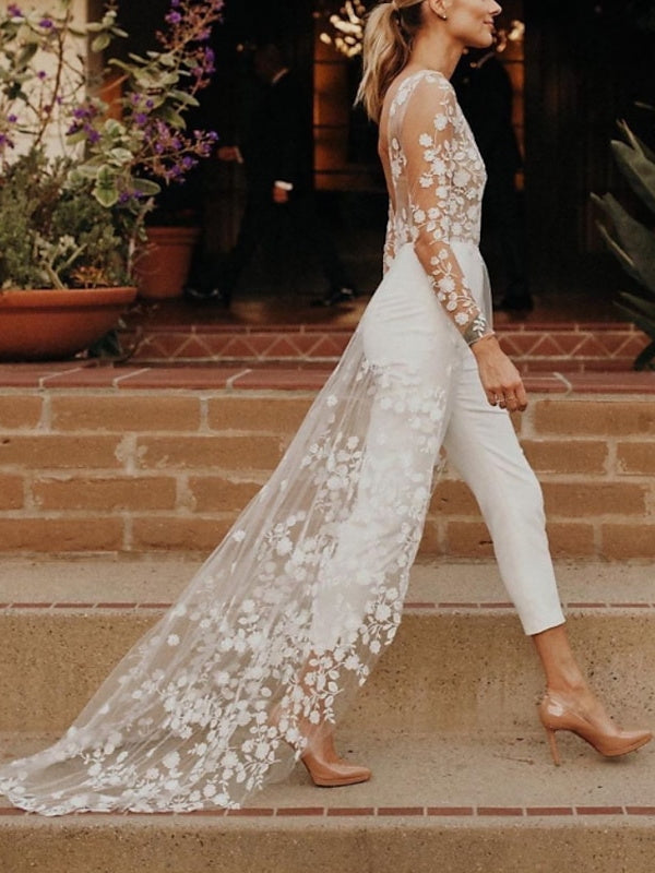 WOMEN'S FLORAL LACE BRIDAL JUMPSUIT WITH LONG SLEEVES AND TRAIN