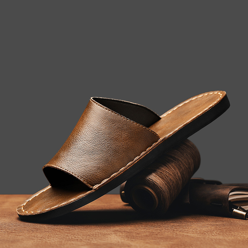 Genuine Leather Cross-Wrap Slippers for Men