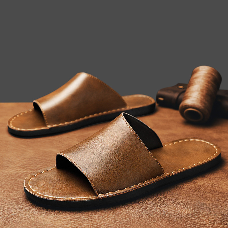 Genuine Leather Cross-Wrap Slippers for Men