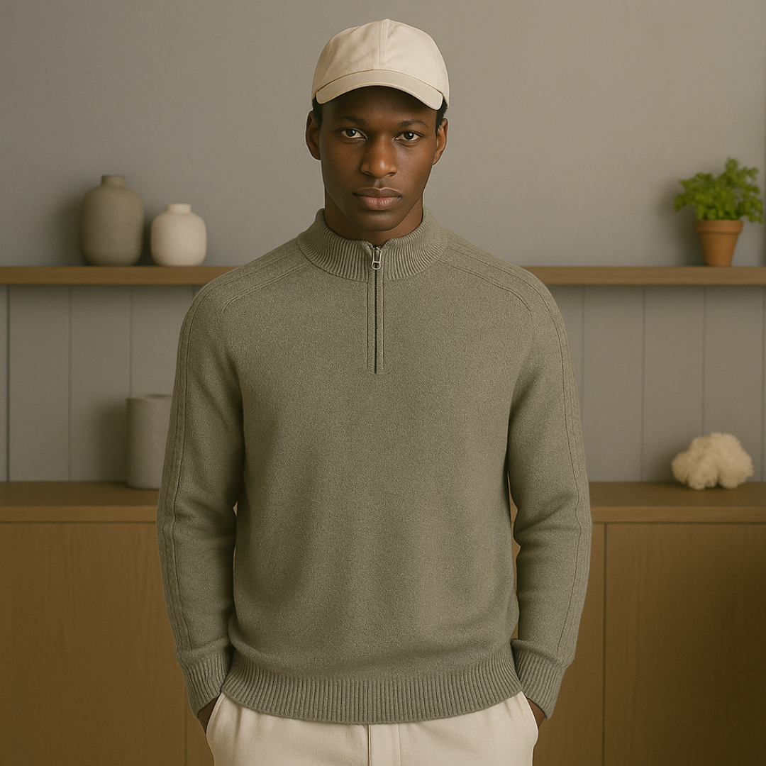 Men's Cashmere Half-Zip Sweater – Luxurious Lightweight Autumn Wear with Ribbed Structure and Raised Collar