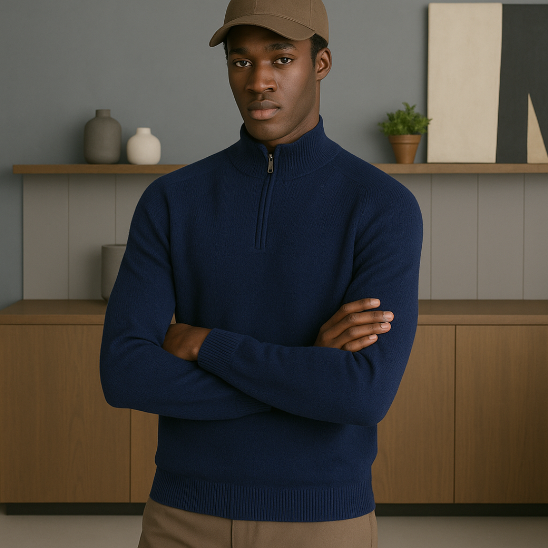 Men's Cashmere Half-Zip Sweater – Luxurious Lightweight Autumn Wear with Ribbed Structure and Raised Collar