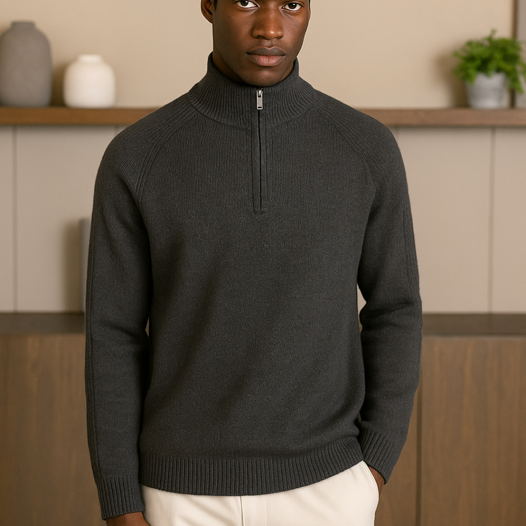 Men's Cashmere Half-Zip Sweater – Luxurious Lightweight Autumn Wear with Ribbed Structure and Raised Collar
