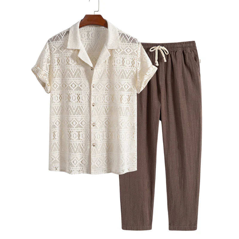 Men's Linen Cuban Shirt Set with Geometric Texture