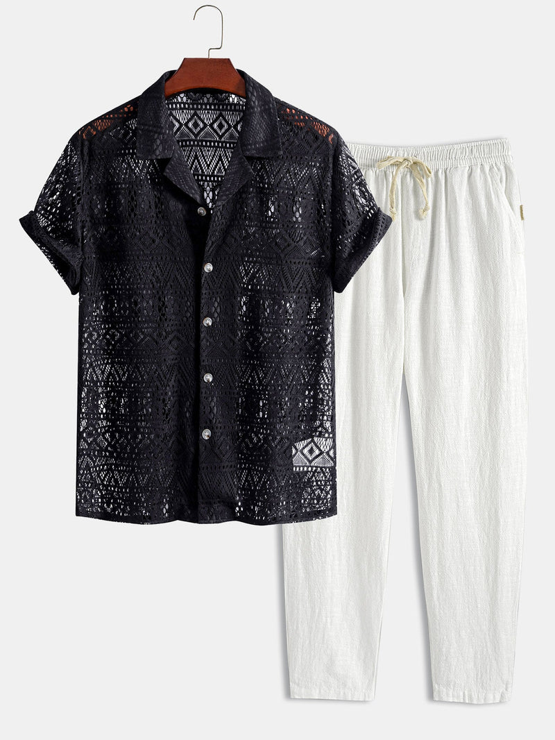 Men's Linen Cuban Shirt Set with Geometric Texture