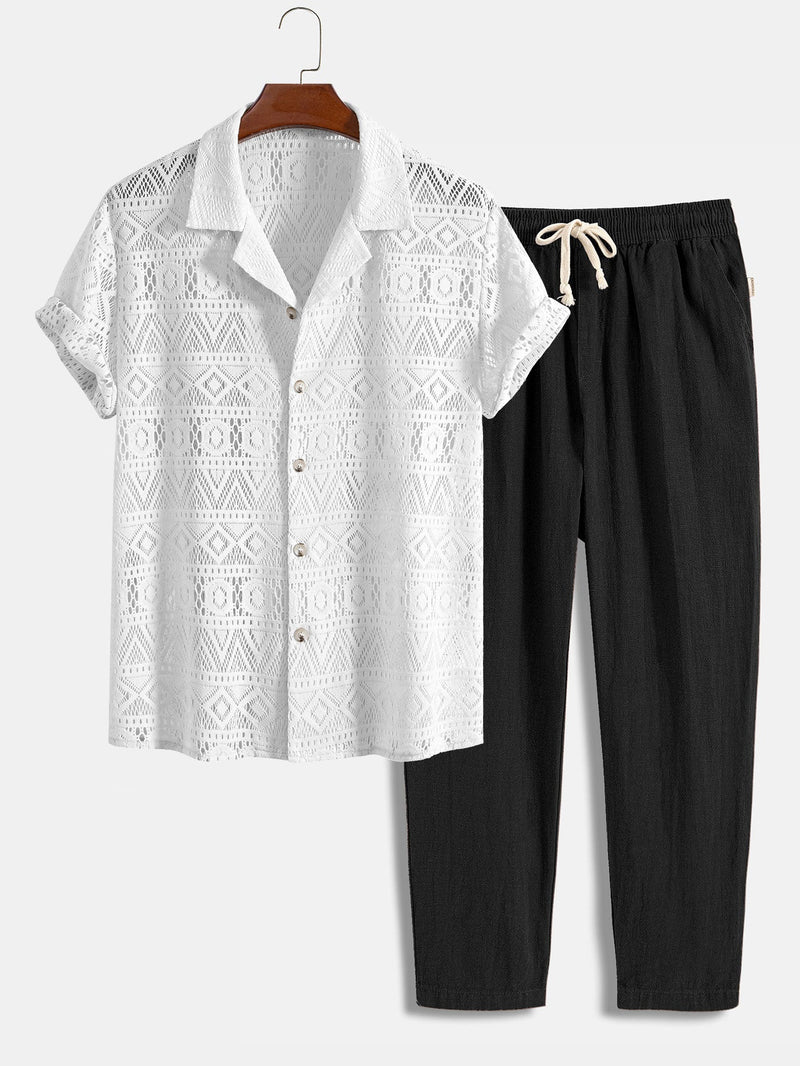 Men's Linen Cuban Shirt Set with Geometric Texture