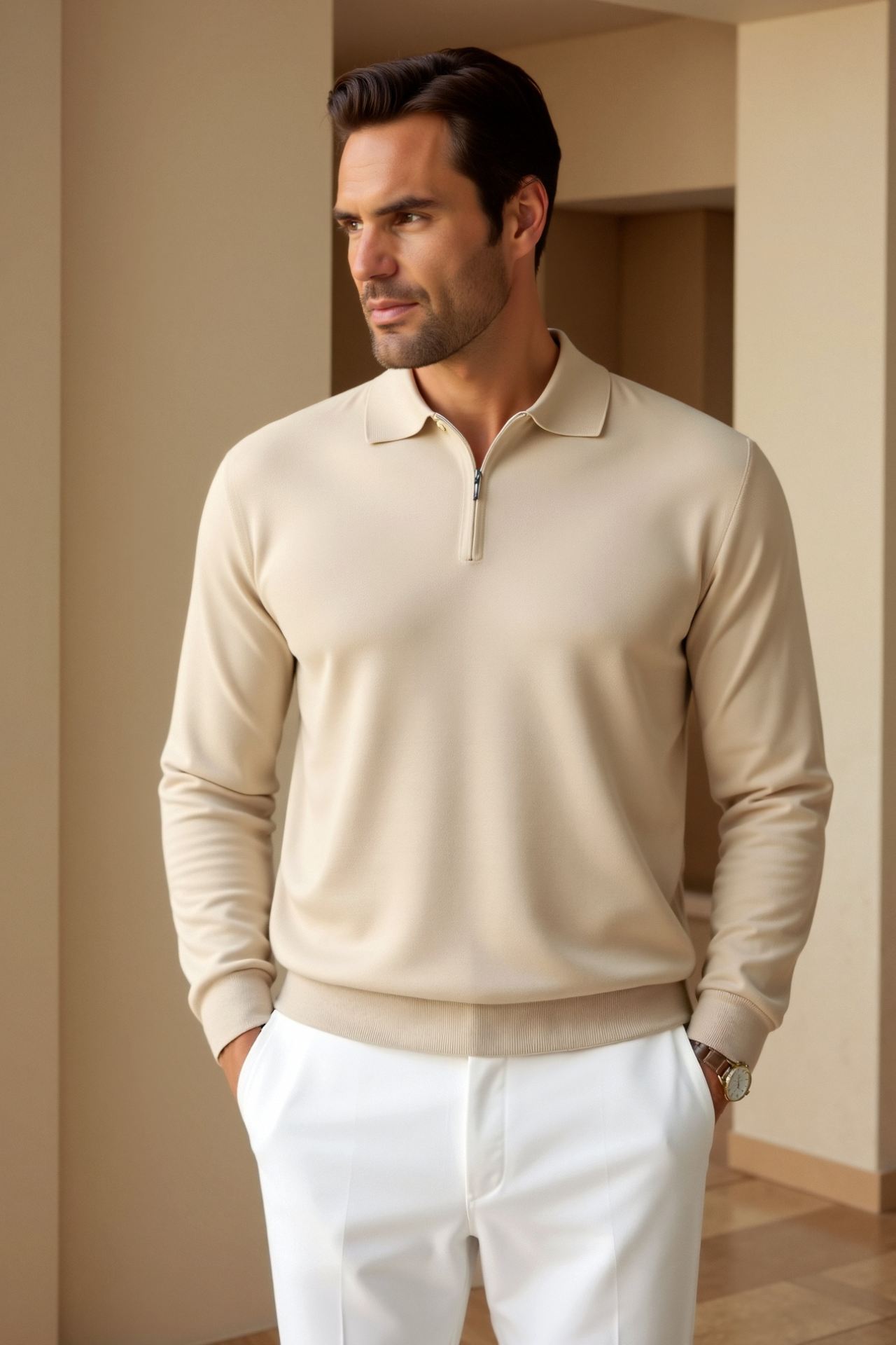 Men's Comfortable Polo Shirt with Quarter Zipper