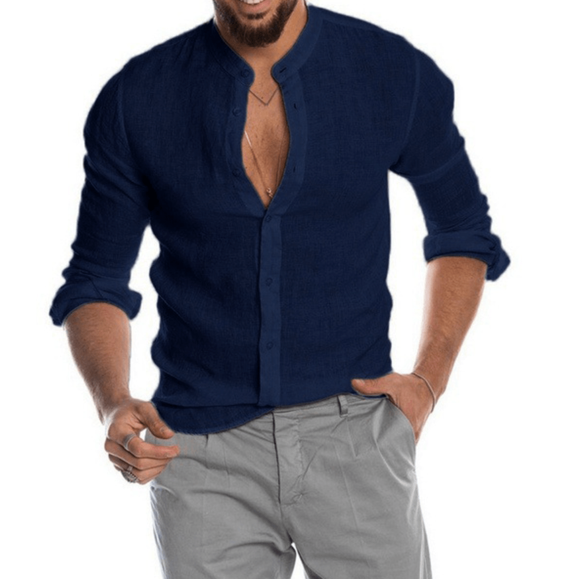 Men's Linen Button-up Shirt With Mandarin Collar
