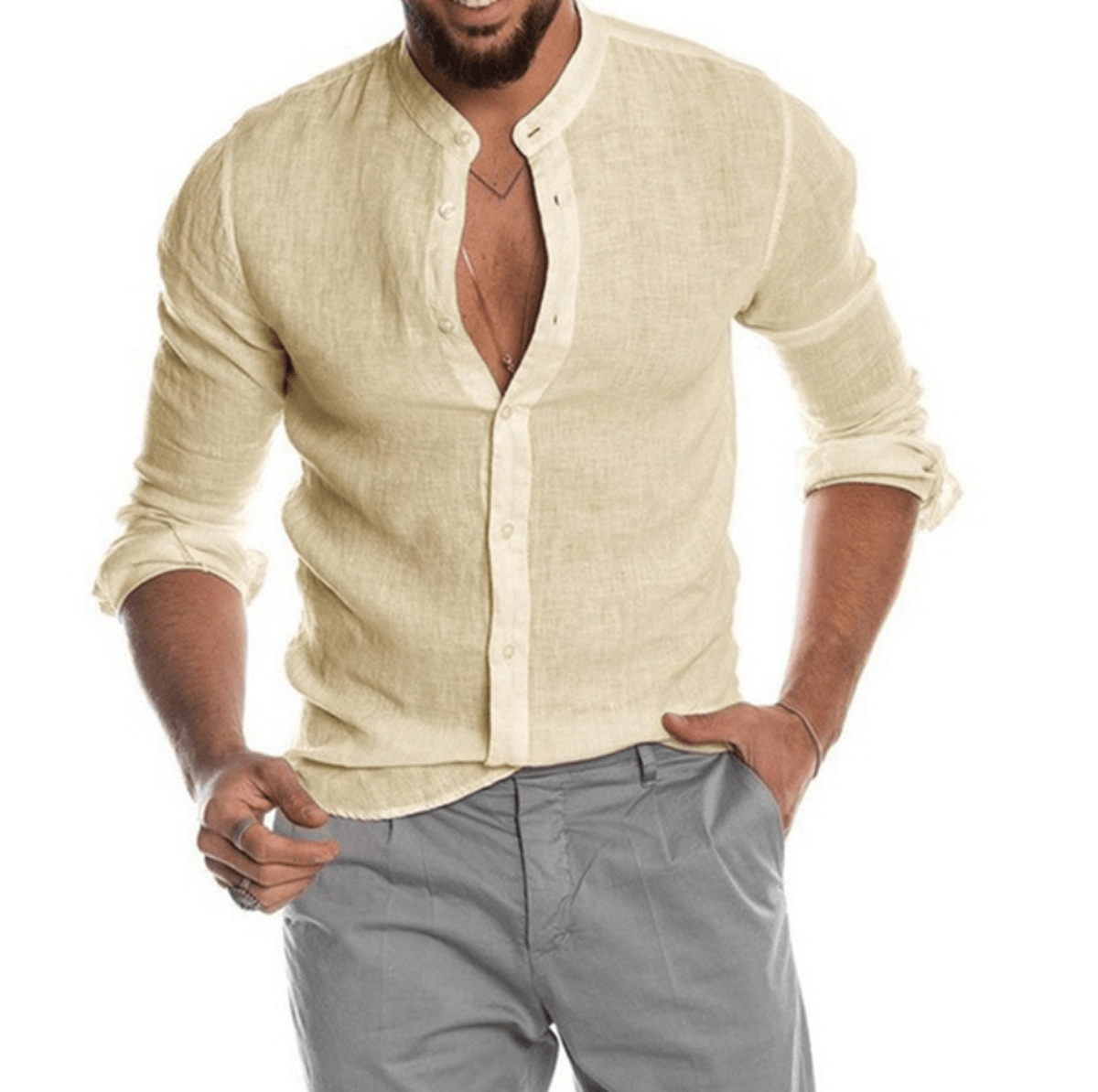 Men's Linen Button-up Shirt With Mandarin Collar