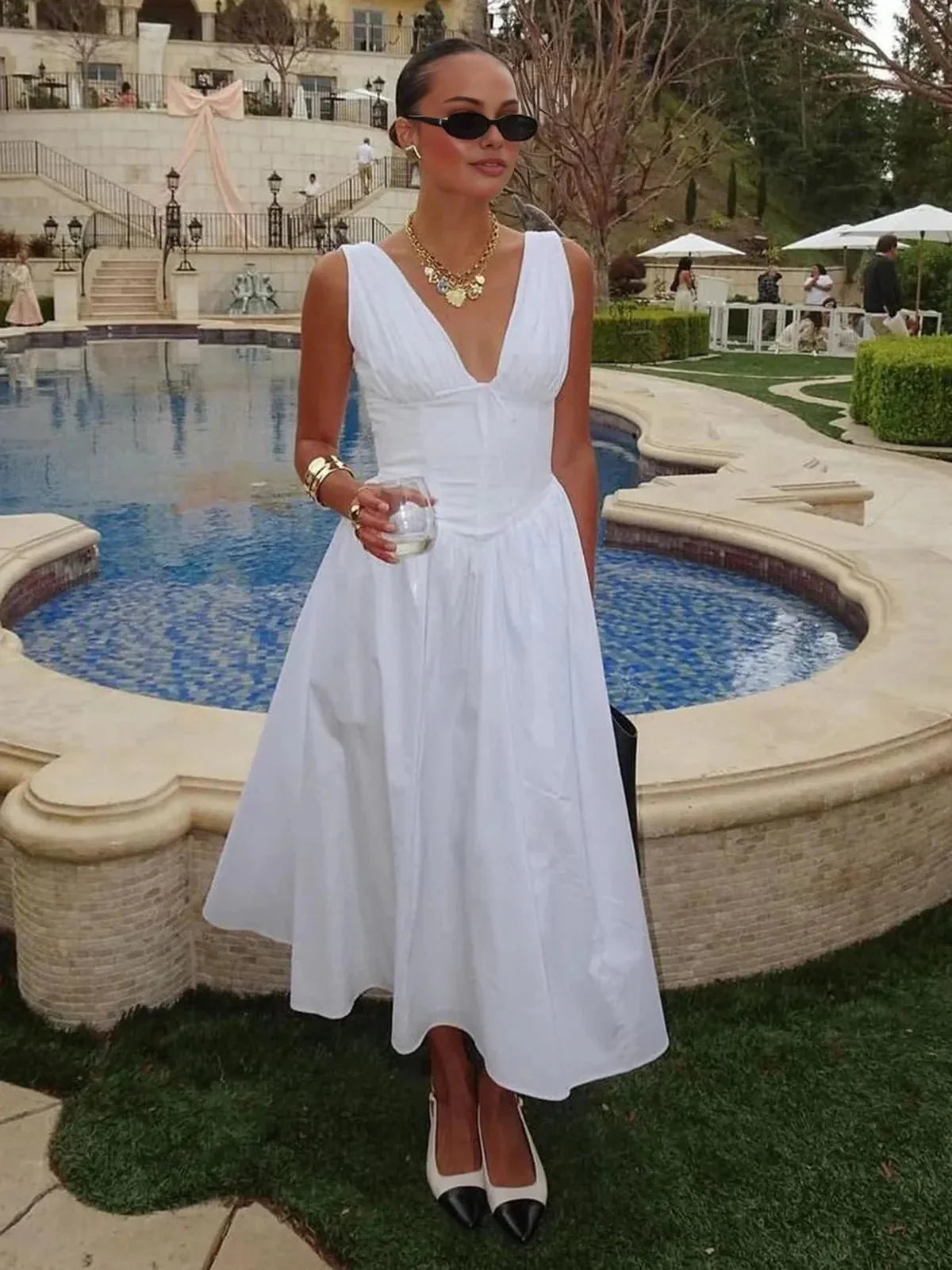 Women's White Midi Corset Sundress With V-neck
