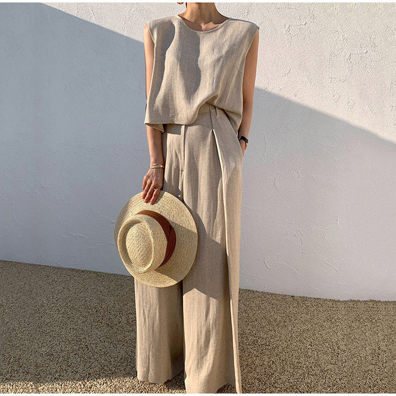 Women's Linen Two-piece Set With Round Neck Top And Wide-leg Trousers