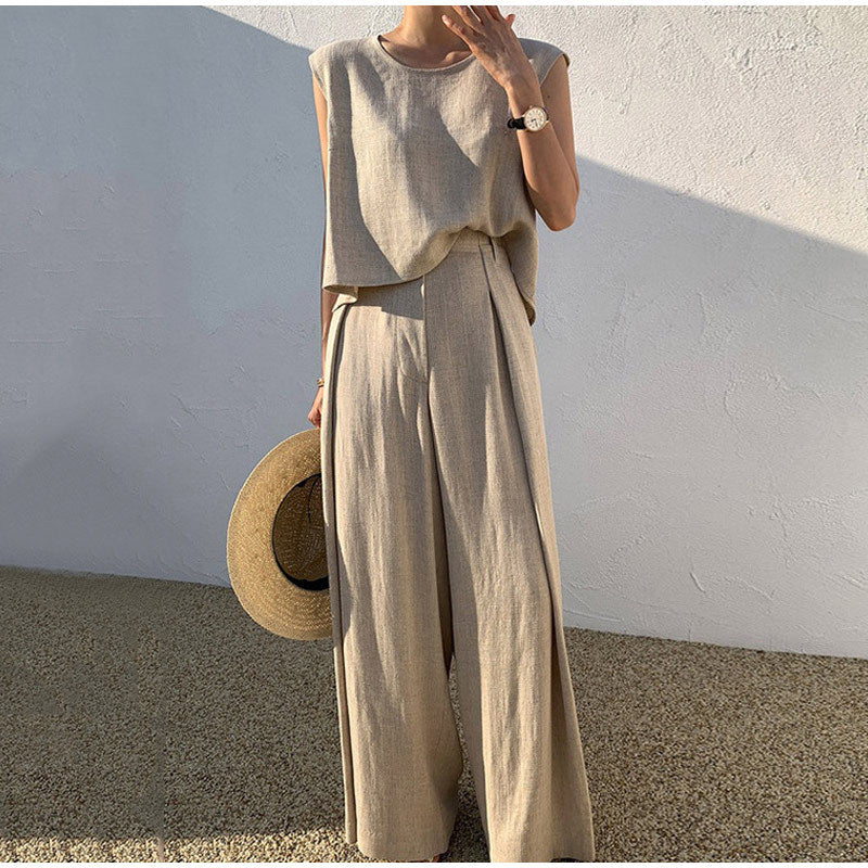 Women's Linen Two-piece Set With Round Neck Top And Wide-leg Trousers
