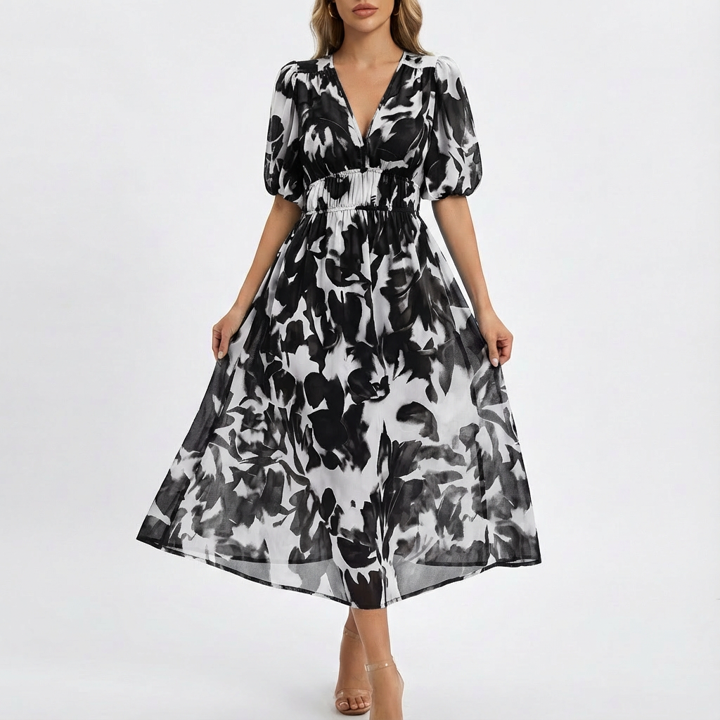 Nina | Women's V-Neck Floral Midi Dress